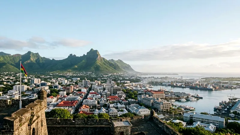 Port Louis harbor and rooftops below green mountains, seen from Fort Adelaide.