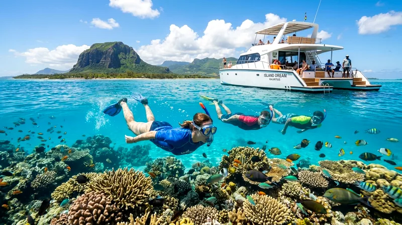 Tourists snorkeling near coral reef during a Mauritius boat excursion
