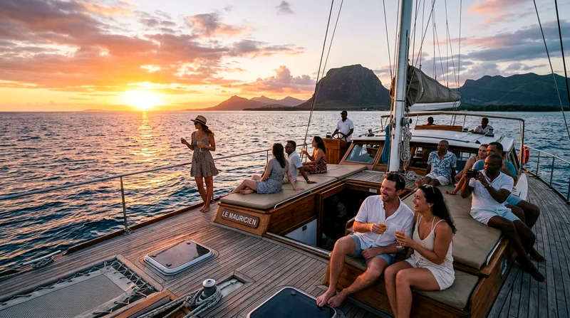 Sunset cruise Mauritius with passengers on boat deck over the Indian Ocean