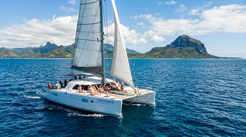 Calm turquoise-free clear water catamaran sailing Mauritius dry season boat tour