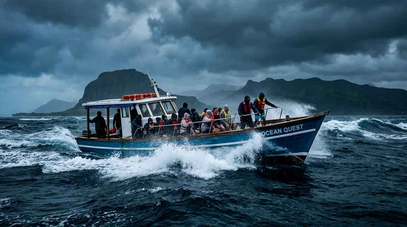 Rough seas dark sky wet season Mauritius boat tour conditions