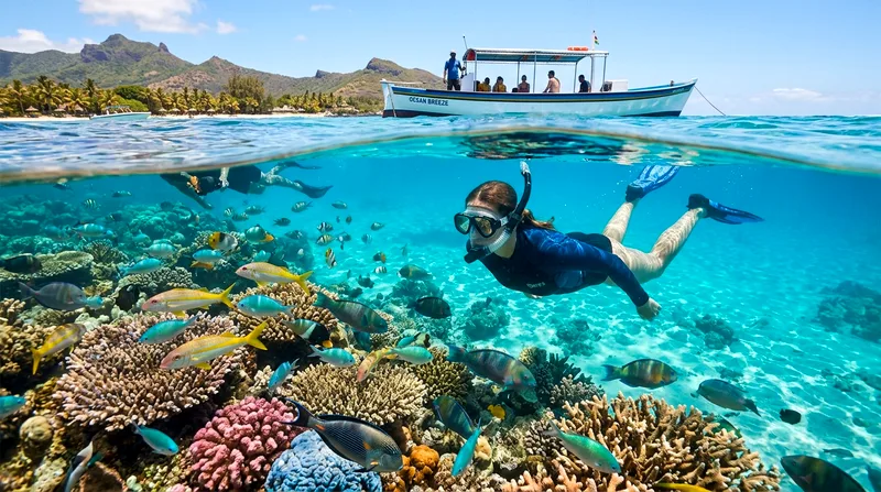 Clear underwater visibility coral reef fish Mauritius snorkeling boat tour