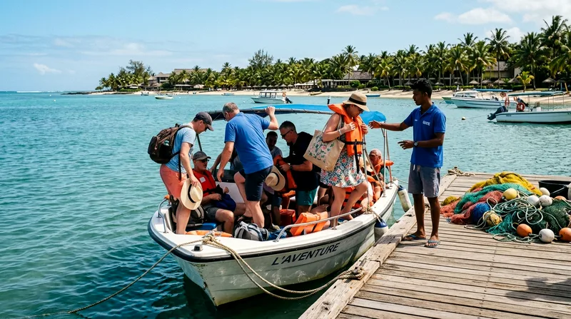 Mixed group of budget tour passengers boarding speedboat at Trou d'Eau Douce