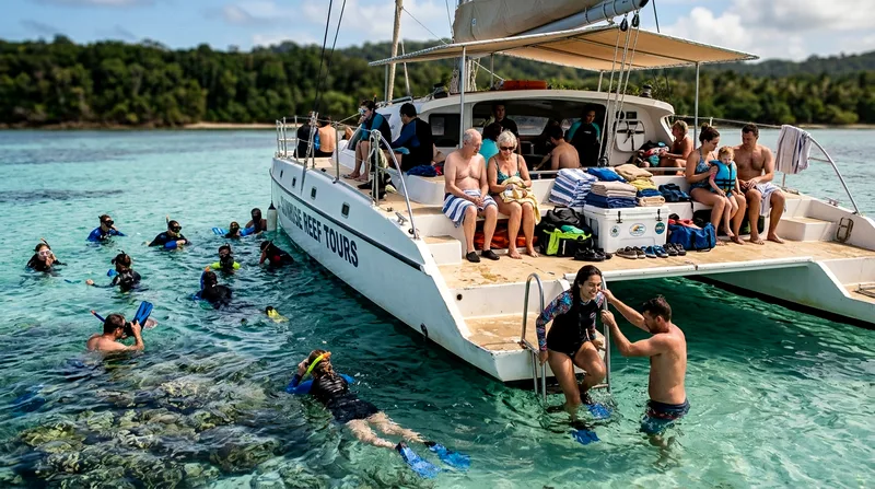 Shared catamaran anchored off reef with families and couples snorkeling in water