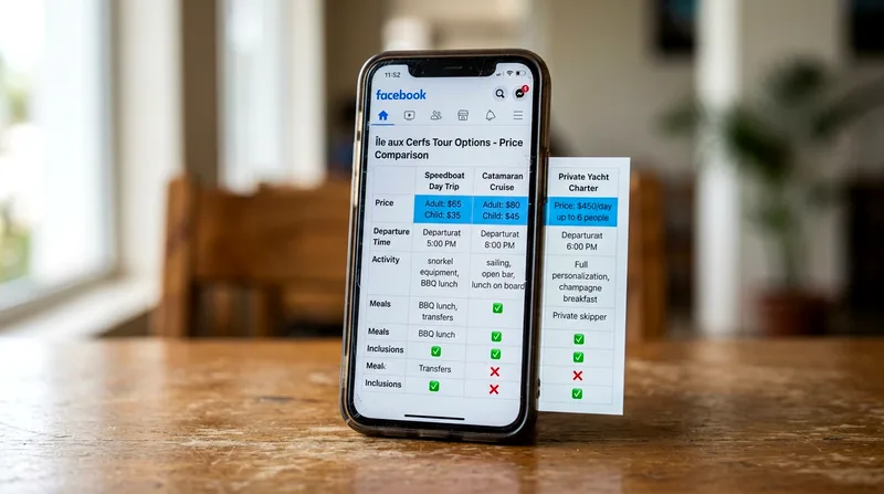 Price comparison chart on tour operator's Facebook page displayed on smartphone screen