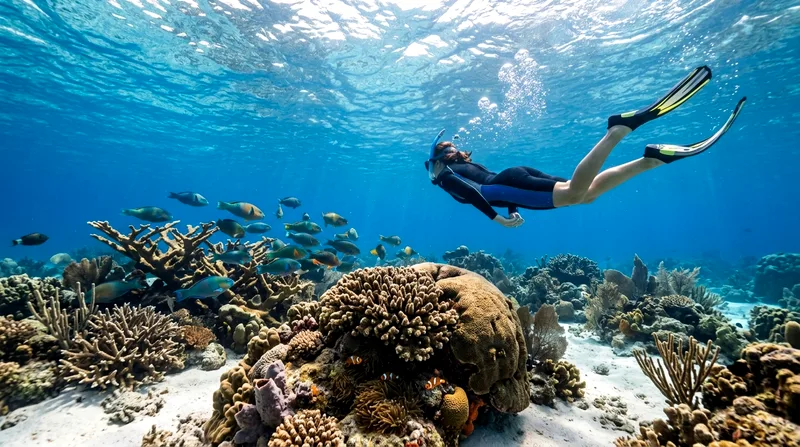 Snorkeler underwater exploring reef between Flat Island and Gabriel Island