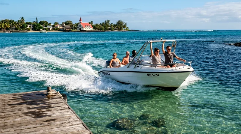 Small speedboat departing Grand Baie harbor with Cap Malheureux visible