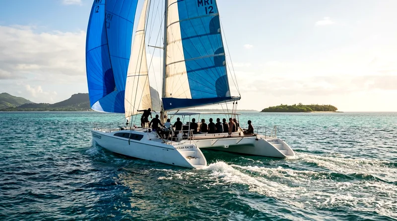 Catamaran moving through calm lagoon toward Île aux Cerfs island