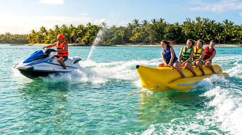 Jet skier in orange vest riding beside banana boat full of swimmers
