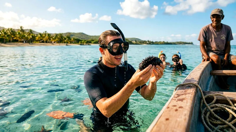 Snorkeler emerging from water holding sea cucumber specimen at Blue Bay