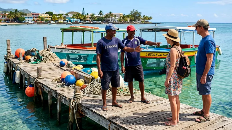 Local boat operators negotiating with visitors at Mahébourg jetty near glass-bottom boats