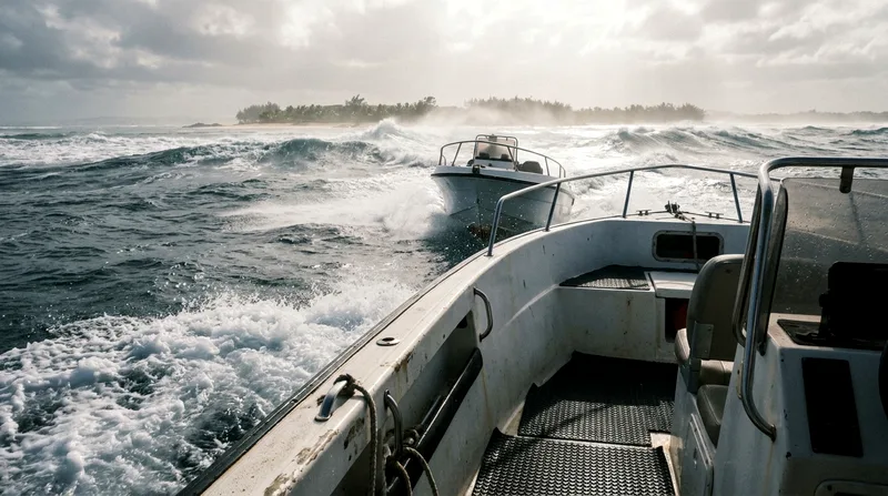 Heavy swell and white-capped waves at Île aux Cerfs during cyclone watch
