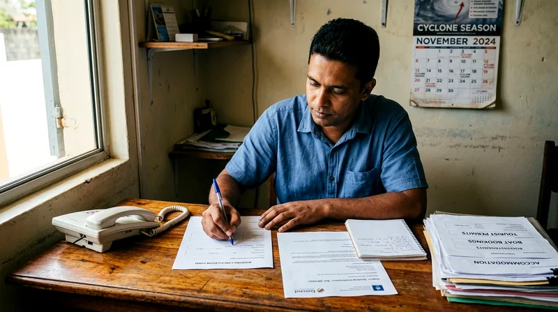 Tour operator at office desk writing cancellation confirmation on standard form