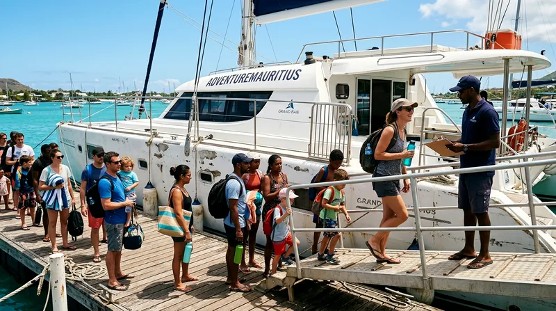 Passengers boarding mid-sized catamaran at Grand Baie dock at mid-morning