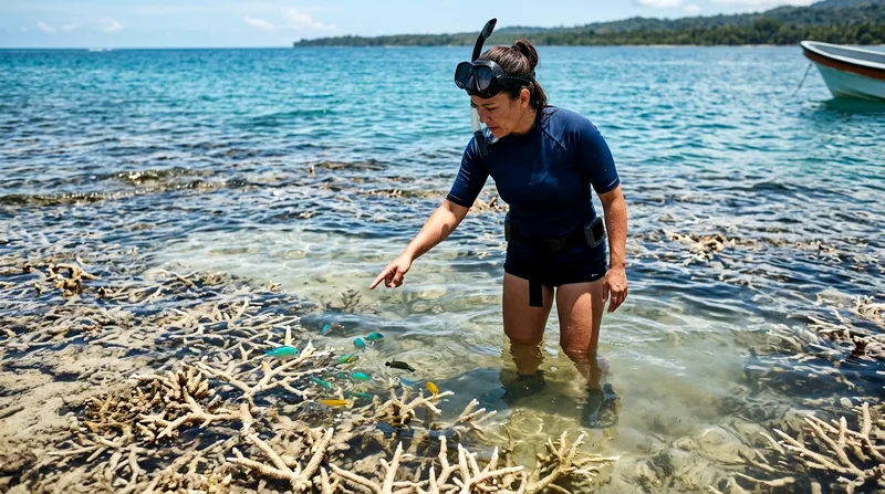 Snorkeler pointing at small fish on degraded coral flat at Île aux Bénitiers