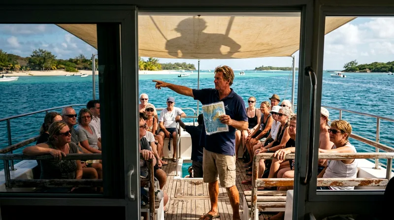 Tour operator explaining dive site conditions to passengers crowded on catamaran deck