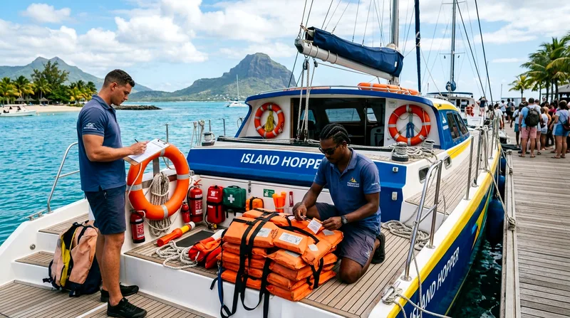 Crew checking safety equipment before Mauritius boat tour departure