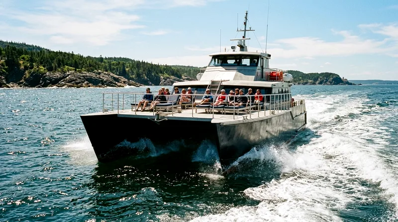 Catamaran twin hulls skimming through one-meter chop with stable seated passengers