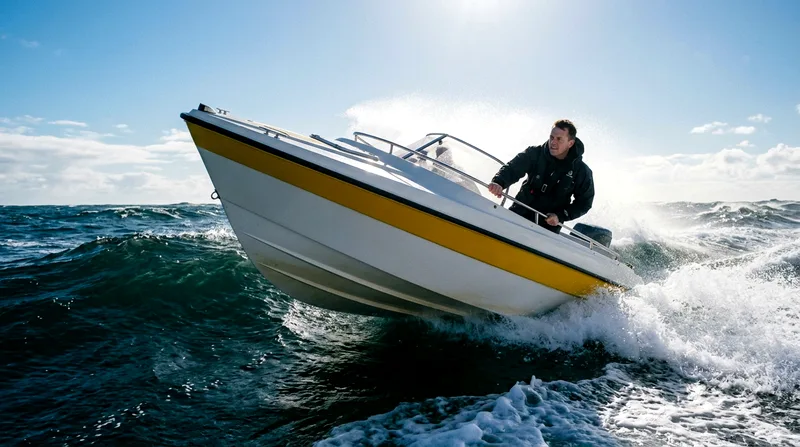 Speedboat banking through two-meter swell near Tamarin with passenger gripping rails