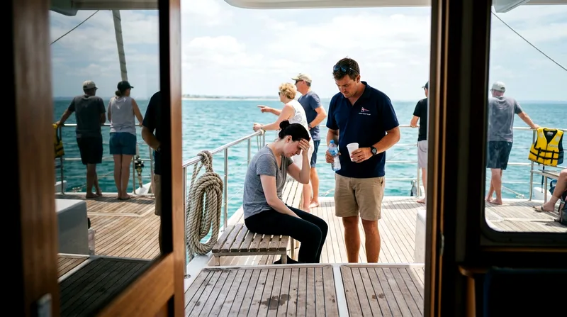 Passenger experiencing nausea on catamaran deck after two hours in rough conditions