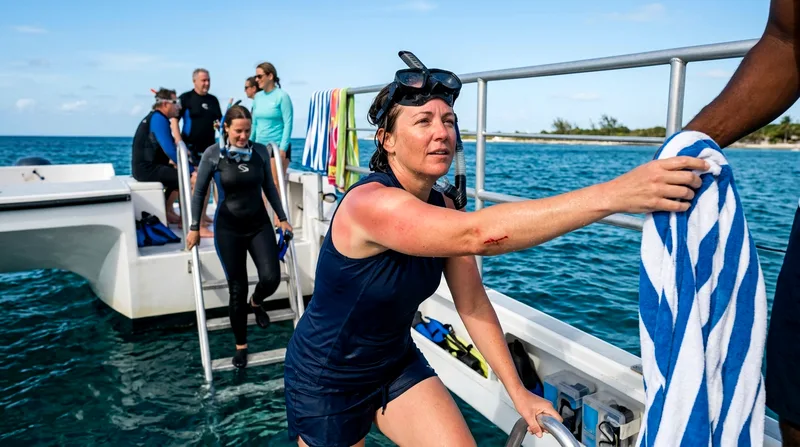 Snorkeler showing sunburn and coral scrape on shoulder and arm