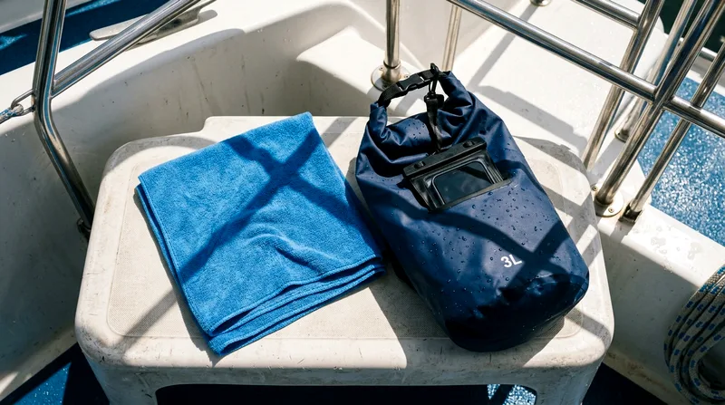 Microfiber towel and dry bag placed on boat seat in bright sunlight
