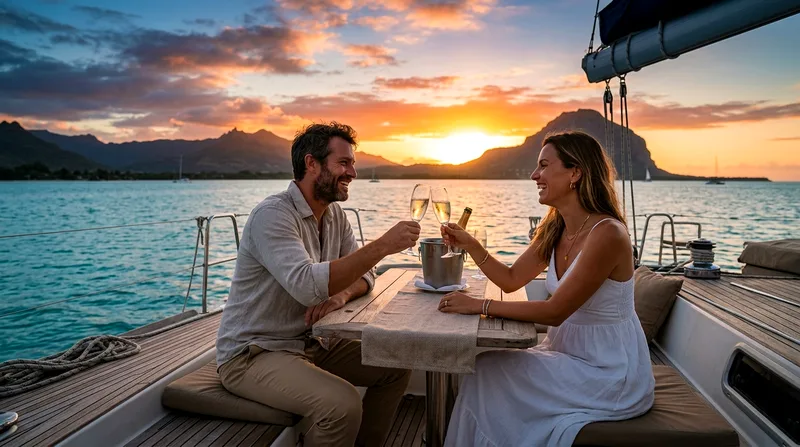 Couple toasting champagne on a romantic Mauritius sunset boat tour