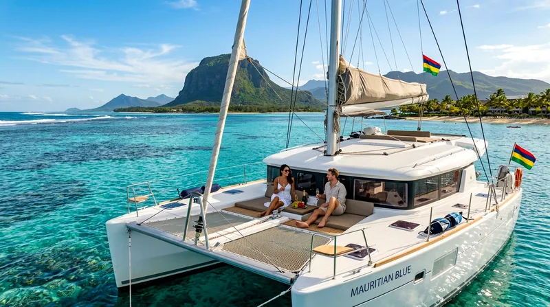 Private catamaran charter anchored in Mauritius lagoon for couples boat tour