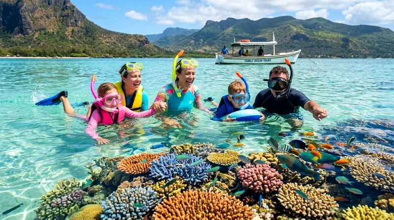 Child-friendly snorkelling tour over coral reef in Mauritius lagoon