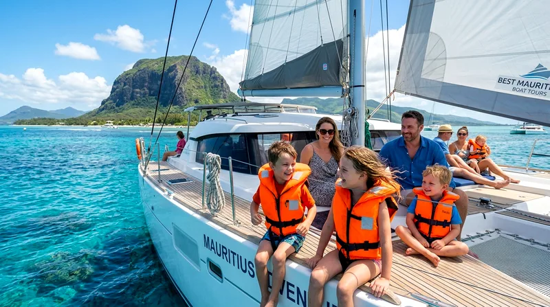 Kids wearing life jackets on a family-friendly catamaran tour in Mauritius lagoon