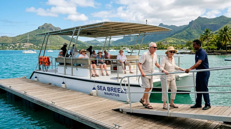 Stable catamaran with shade canopy used for Mauritius boat tours seniors can board comfortably