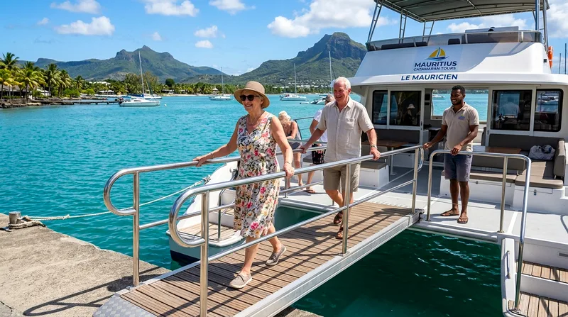 Easy boarding ramp with handrails for accessible catamaran tours in Mauritius