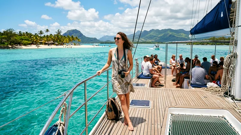 Solo traveller on group catamaran boat tour Mauritius deck near Île aux Cerfs