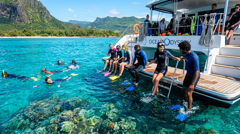 Group snorkeling tour entering coral reef water from Mauritius catamaran