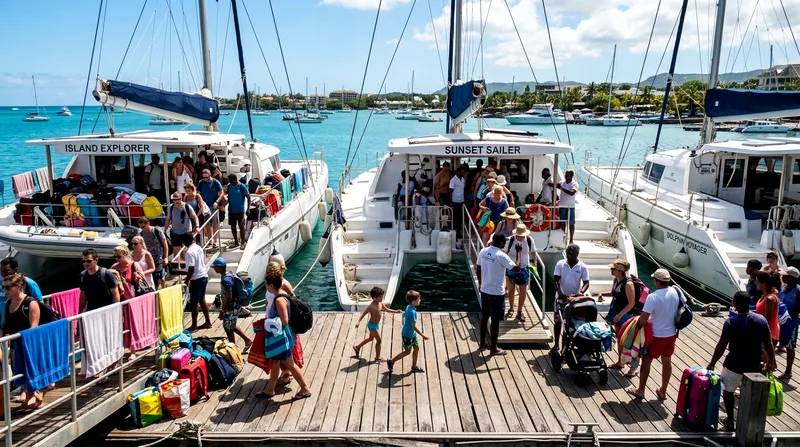 Grand Baie jetty on December 20th with multiple tour boats departing and arriving