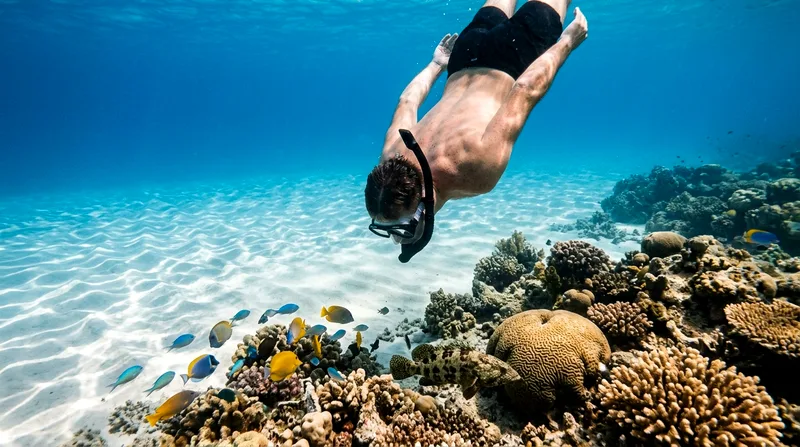 Snorkeler in clear warm water without wetsuit near reef