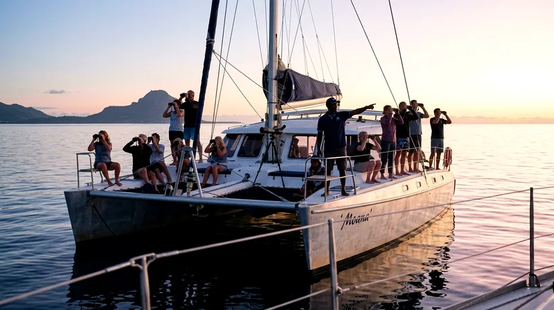 Tour boat with passengers scanning horizon for whale spouts in calm water