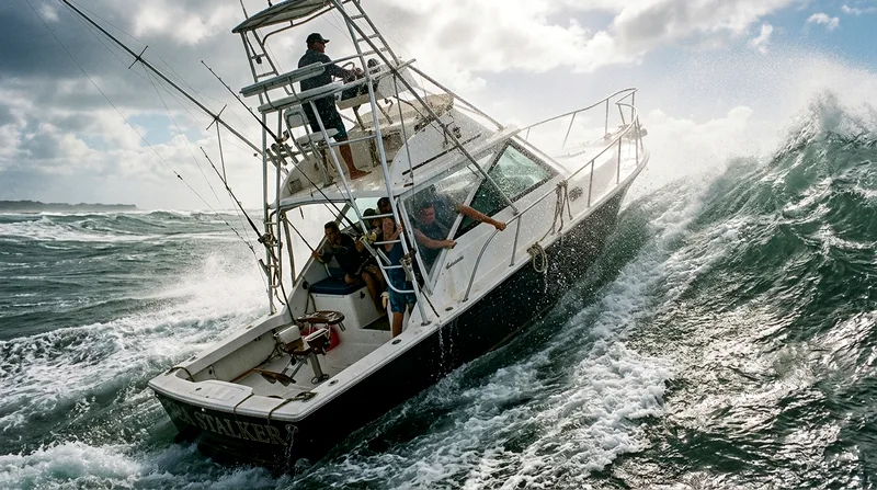 Deep-sea fishing boat pitching in two-meter swell with passengers holding railings