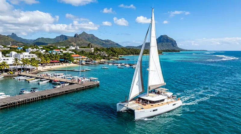 Catamaran cruise from Grand Baie departing pier with Mauritius coastline
