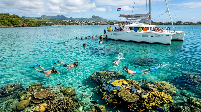 Snorkeling stop on a Grand Baie catamaran tour near coral reef