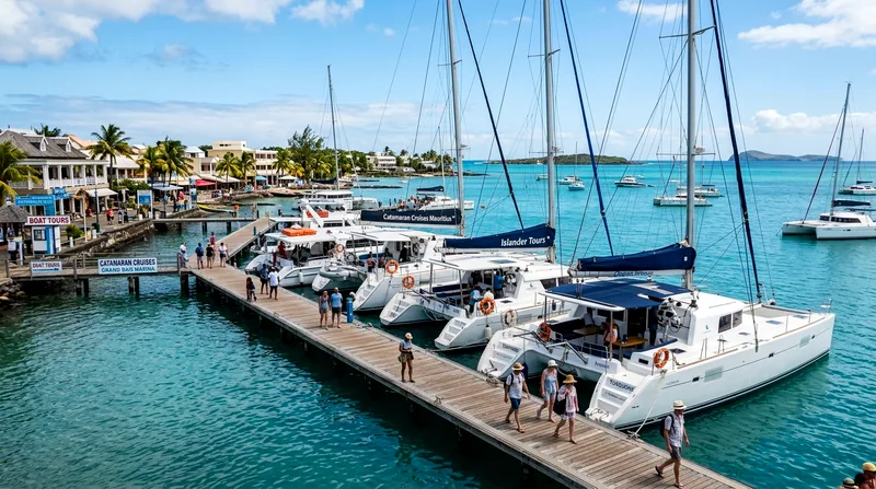Grand Baie pier and marina with catamaran boats for boat tours