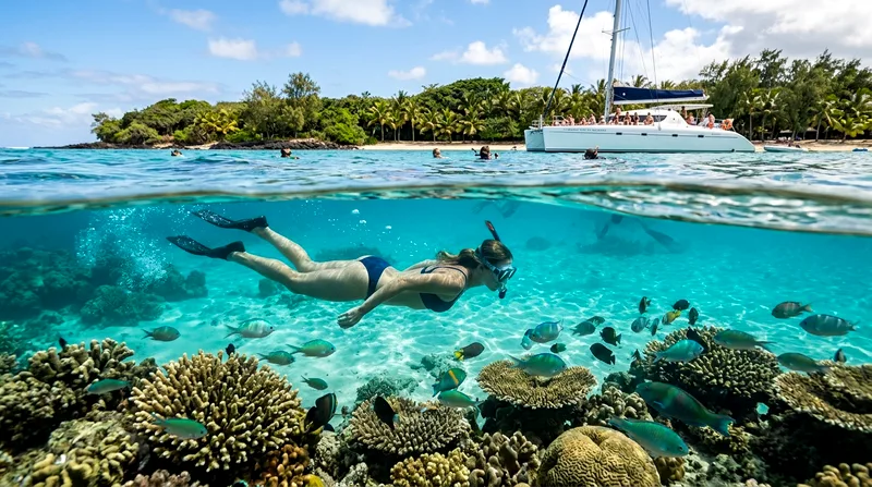 Snorkeling during Île aux Cerfs catamaran tour on the Mauritius east coast