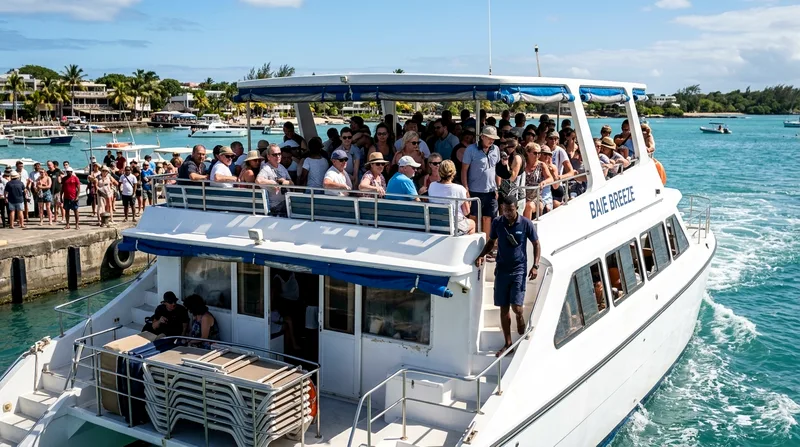 Budget catamaran departing Grand Baie with forty passengers crowded on upper deck