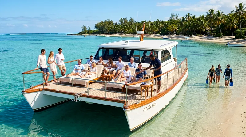 Premium catamaran anchored off Île aux Cerfs with fourteen passengers spread comfortably