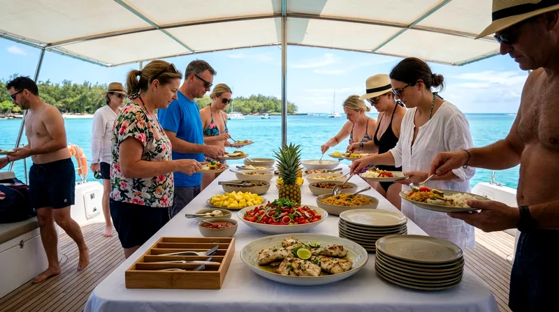 Lunch spread on mid-range catamaran showing fish, salad, fruit, and local dishes