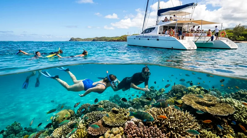 Snorkeling stop during Mauritius catamaran cruise lunch included tour near Île aux Cerfs