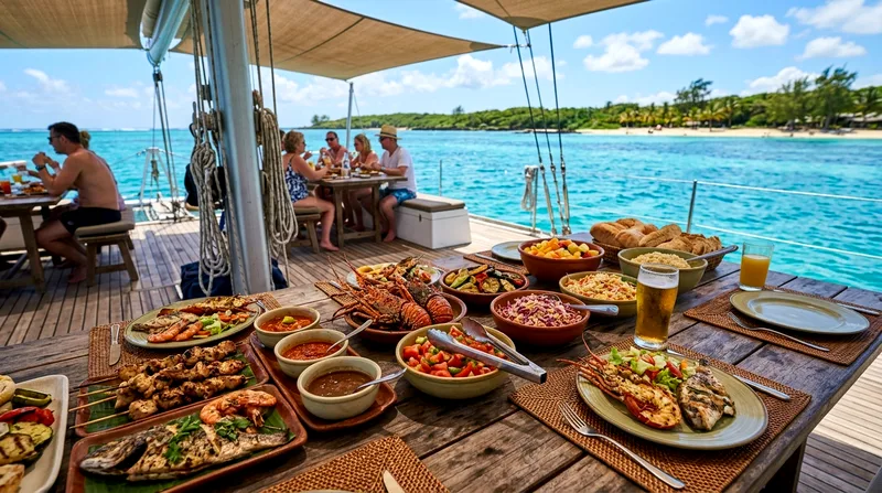 BBQ lunch spread included on Mauritius catamaran cruise at Île aux Cerfs