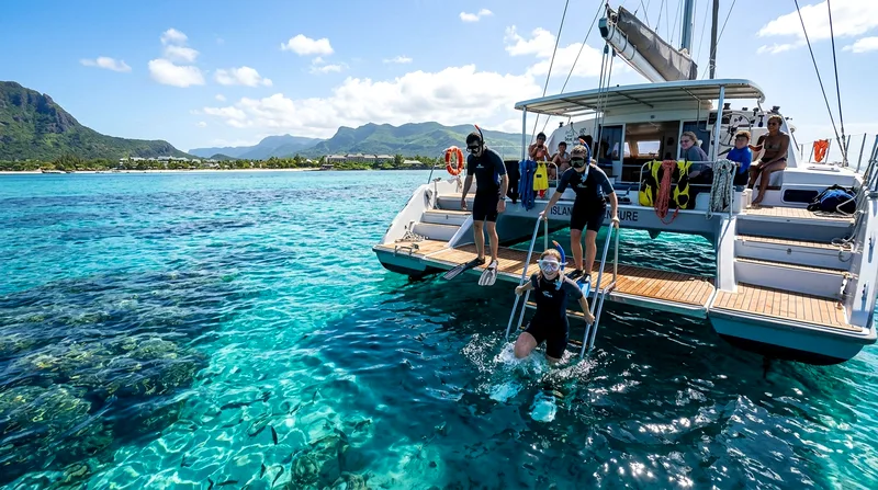 Snorkellers entering water from catamaran during Mauritius snorkelling boat tour
