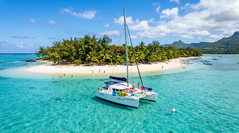 Catamaran anchored at Île aux Cerfs beach during a Mauritius catamaran cruise
