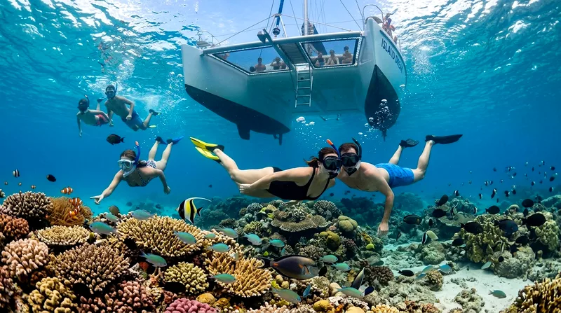 Passengers snorkeling near coral reef during a catamaran day cruise Mauritius